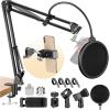 imageCAHAYA 2 in 1 Microphone Arm Stand and Phone Stand with Pop Filter 2 Mic Clip and 38quot to 58quot Adapter Heavy Duty Adjustable Suspension Boom Scissor Microphone Stand for Blue Yeti Snowball CY02631