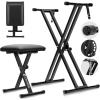 imageCAHAYA Keyboard Stand and Bench Set 1339 Inch Wide Adjustable Height Heavy Duty Portable Piano Stand and Bench with Locking Straps DoubleX 7Level Adjustable for 61 76 88 Key Keyboards