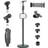 imageCAHAYA Mic Stand Floor Detachable  Microphone Stand Heavy Duty with Weighted Round Base Phone Holder and 2 Mic Clips Portable Mic Stands Height Adjustable 50quot to 64quot for Singing Performance StagePresstype