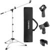 imageCAHAYA Mic Stand Tripod Boom Arm Floor Microphone Stand Height Adjustable with Carrying Bag and 2 Mic Clips 38quot to 58quot Adapter for Singing Performance PodcastWhite