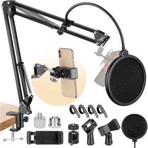 imageCAHAYA 2 in 1 Microphone Arm Stand and Phone Stand with Pop Filter 2 Mic Clip and 38quot to 58quot Adapter Heavy Duty Adjustable Suspension Boom Scissor Microphone Stand for Blue Yeti Snowball CY02631