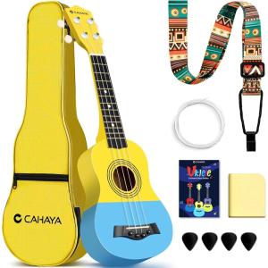 imageCAHAYA 21Inch Cartoonthemed Mahogany Soprano Ukulele Beginner Kit with Gig Bag Colorful Strap and Fretboard StickersPerfect for Kids and Adults Professional Hawaiian Ukulele GiftYellowBlue
