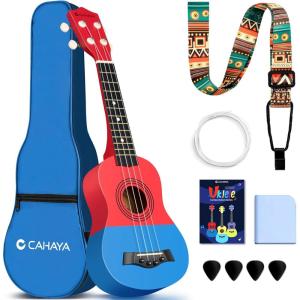 imageCAHAYA 21Inch Cartoonthemed Mahogany Soprano Ukulele Beginner Kit with Gig Bag Colorful Strap and Fretboard StickersPerfect for Kids and Adults Professional Hawaiian Ukulele GiftRedBlue