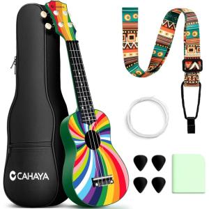imageCAHAYA 21Inch Cartoonthemed Mahogany Soprano Ukulele Beginner Kit with Gig Bag Colorful Strap and Fretboard StickersPerfect for Kids and Adults Professional Hawaiian Ukulele GiftRainbow