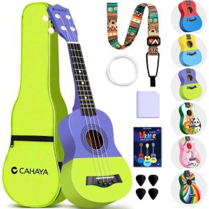 imageCAHAYA 21Inch Cartoonthemed Mahogany Soprano Ukulele Beginner Kit with Gig Bag Colorful Strap and Fretboard StickersPerfect for Kids and Adults Professional Hawaiian Ukulele GiftPurpleGreen