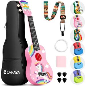 imageCAHAYA 21Inch Cartoonthemed Mahogany Soprano Ukulele Beginner Kit with Gig Bag Colorful Strap and Fretboard StickersPerfect for Kids and Adults Professional Hawaiian Ukulele GiftPink