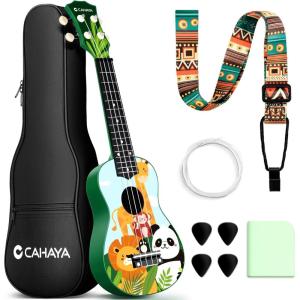 imageCAHAYA 21Inch Cartoonthemed Mahogany Soprano Ukulele Beginner Kit with Gig Bag Colorful Strap and Fretboard StickersPerfect for Kids and Adults Professional Hawaiian Ukulele GiftZoo