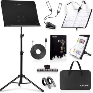 imageCAHAYA 6 IN 1 Sheet Music Stand with Stand Light Desktop Book Stand with Carrying Bag Sheet Music Folder ampamp Clip Metal Portable Solid Back for Guitar Ukulele Violin Players