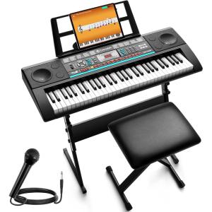 imageCAHAYA 61 Key Keyboard Piano  Electric Piano Set For Beginners with Stand Stool 1 Microphone BuiltIn Speakers 3 Teaching Modes Portable Electronic Keyboard with 128 Sounds 128 Rhythm