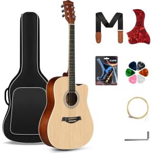 imageCAHAYA Acoustic Guitar Beginner Kit  41in Adult All Wood Starter Set Includes with Thickened Gig Bag Capo Pickguard Strings Picks Strap for Kids Teenager Students Natural