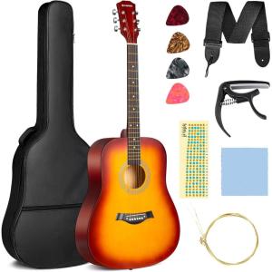 imageCAHAYA Acoustic Guitar For Beginner 38 Inch Cutaway All Wood Guitar Starter Kit for Kids Teenager Adults with Guitar bag Brass strings Capo String Pick Scale Stickers and Cloth CY0354orange