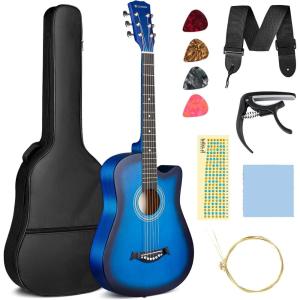 imageCAHAYA Acoustic Guitar For Beginner 38 Inch Cutaway All Wood Guitar Starter Kit for Kids Teenager Adults with Guitar bag Brass strings Capo String Pick Scale Stickers and Cloth CY0354blue