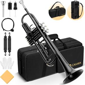 imageCAHAYA Bb Trumpet Instrument Trompeta Student Trumpet with Hard Case 7C Mouthpiece Gloves Standard Trumpets for Beginners or Advanced Students BlackBlack
