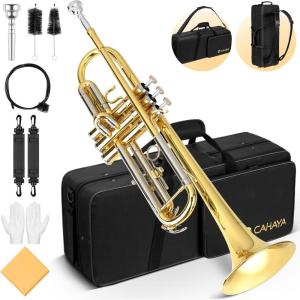 imageCAHAYA Bb Trumpet Instrument Trompeta Student Trumpet with Hard Case 7C Mouthpiece Gloves Standard Trumpets for Beginners or Advanced Students BlackGold