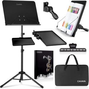 imageCAHAYA Dual Use Sheet Music Stand with Clampon Tray ampamp Desktop Book Stand with Carrying Bag Sheet Music Folder Music Stand with Shelf and Clip for Guitar Ukulele Violin Players CY0194CY0320