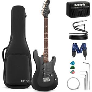 imageCAHAYA Electric Guitar Set for Beginner 39in Solid Body Electric Guitars with HSS Pickups Stratocaster Beginner Guitar Kit with Amplifier Gig Bag Strings Strap Picks CJS200 Black