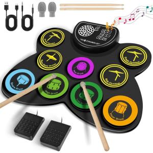 imageCAHAYA Electronic Drum Pad Set Foldable 9Pad Practice Electronic Drum Pad Set with Integrated Speaker Foot Pedals and Drumsticks Ideal Gift
