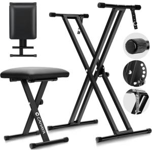 imageCAHAYA Keyboard Stand and Bench Set 1339 Inch Wide Adjustable Height Heavy Duty Portable Piano Stand and Bench with Locking Straps DoubleX 7Level Adjustable for 61 76 88 Key Keyboards