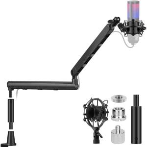 imageCAHAYA Mic Stand Boom Arm  LowHigh Profile Dual Use Desk Microphone Stand with 35in Extension Pole Desk Mount Clamp Cable Management Mic Stands with 2 Mic Clips