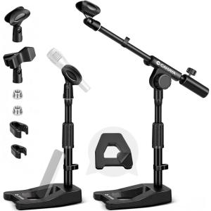 imageCAHAYA Mic Stand Desk Adjustable  Boom Arm Desktop Microphone Stand Metal Weighted Base Aframe Table Mic Mount with 2 Mic Clips 38quot to 58quot Screw Adapter Mic Mount for Singing Stage Performance