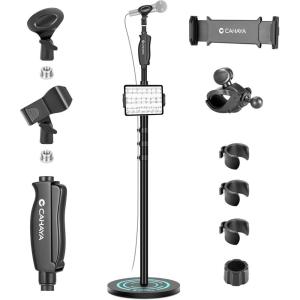 imageCAHAYA Mic Stand Floor Detachable  Microphone Stand Heavy Duty with Weighted Round Base Phone Holder and 2 Mic Clips Portable Mic Stands Height Adjustable 50quot to 64quot for Singing Performance StagePresstype