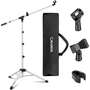 imageCAHAYA Mic Stand Tripod Boom Arm Floor Microphone Stand Height Adjustable with Carrying Bag and 2 Mic Clips 38quot to 58quot Adapter for Singing Performance PodcastWhite