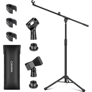 imageCAHAYA Mic Stand Tripod Boom Arm Floor Microphone Stand Height Adjustable with Carrying Bag and 2 Mic Clips 38quot to 58quot Adapter for Singing Performance PodcastBlack