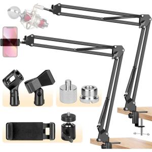 imageCAHAYA Microphone Arm Stand Boom Suspension Stand with 38quot to 58quot Screw Adapter Mic Clip for Blue Yeti Nano Snowball Ice and Other Mics CY02621Black
