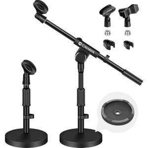 imageCAHAYA Microphone Stand Desk Adjustable Boom Arm Mic Stand Desktop with 2 Mic Clips Reinforced Metal Base Table Mic Mount with 38quot to 58quot Screw Adapter for Singing Performance Wedding Stage Black