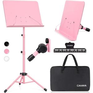 imageCAHAYA Music Stand for Sheet Music  Dualuse Converts to Desktop Stand Portableampamp Foldable 31457in Height Adjustable Sturdy Tray Holds Thick Books or Tablets 5 in 1 Package with Carrying Bag Sheet Music FolderPink