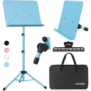 imageCAHAYA Music Stand for Sheet Music  Dualuse Converts to Desktop Stand Portableampamp Foldable 31457in Height Adjustable Sturdy Tray Holds Thick Books or Tablets 5 in 1 Package with Carrying Bag Sheet Music FolderBlue