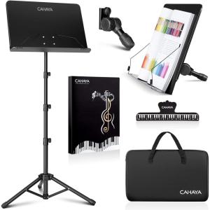 imageCAHAYA Music Stand for Sheet Music  Dualuse Converts to Desktop Stand Portableampamp Foldable 31457in Height Adjustable Sturdy Tray Holds Thick Books or Tablets 5 in 1 Package with Carrying Bag Sheet Music FolderBlack