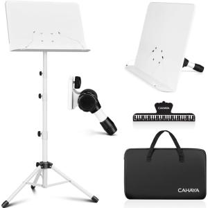 imageCAHAYA Music Stand for Sheet Music  Dualuse Converts to Desktop Stand Portableampamp Foldable 31457in Height Adjustable Sturdy Tray Holds Thick Books or Tablets 5 in 1 Package with Carrying Bag Sheet Music FolderWhite