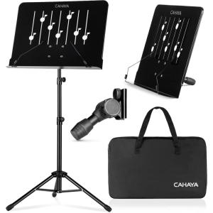 imageCAHAYA Music Stand for Sheet Music Dualuse Sheet Music Stand Floor Music Book Stand Portable Height Adjustable from 31457in with Tabletop Support Carrying Bag and Clip Unique Quaver DesignQuaver Design
