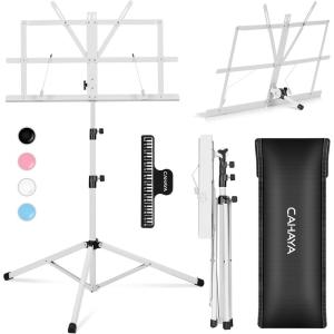 imageCAHAYA Portable Sheet Music Stand Dual Use Desktop Book Holder Folding Lightweight Extra Stable Reinforced with Carrying Bag and Clip for Students Musicians Height Adjustable up to 543quot CMS0204White