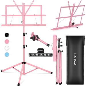imageCAHAYA Portable Sheet Music Stand Dual Use Desktop Book Holder Folding Lightweight Extra Stable Reinforced with Carrying Bag and Clip for Students Musicians Height Adjustable up to 543quot CMS0204Pink