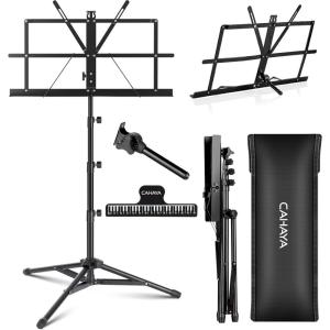 imageCAHAYA Portable Sheet Music Stand Dual Use Desktop Book Holder Folding Lightweight Extra Stable Reinforced with Carrying Bag and Clip for Students Musicians Height Adjustable up to 543quot CMS0204Black