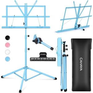 imageCAHAYA Portable Sheet Music Stand Dual Use Desktop Book Holder Folding Lightweight Extra Stable Reinforced with Carrying Bag and Clip for Students Musicians Height Adjustable up to 543quot CMS0204Blue