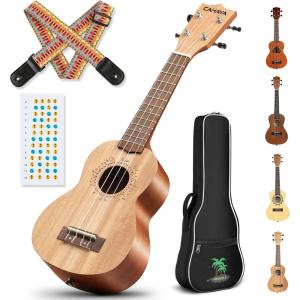 imageCAHAYA Soprano Ukulele for Beginner 21 Inch Ukulele Kit Starter with Carrying Bag Shoulder Strap Fretboard Stickers for Both Adults and Kids in Mahogany CY0335Golden Brown