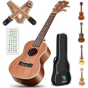 imageCAHAYA Soprano Ukulele for Beginner 21 Inch Ukulele Kit Starter with Carrying Bag Shoulder Strap Fretboard Stickers for Both Adults and Kids in Mahogany CY0335Dark Brown
