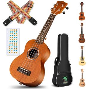 imageCAHAYA Soprano Ukulele for Beginner 21 Inch Ukulele Kit Starter with Carrying Bag Shoulder Strap Fretboard Stickers for Both Adults and Kids in Mahogany CY0335Brown