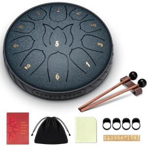 imageCAHAYA Steel Tongue Drum Set 6 Inch 8 Notes Steel Hand Drum with Music Book Drum Mallets Finger Paddles and Carry Bag for Kids Gift Musical Education Meditation Yoga CY0359Navy blue11 tones