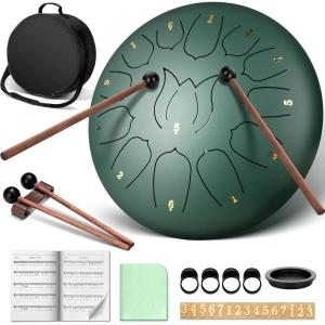 imageCAHAYA Steel Tongue Drum Set 6 Inch 8 Notes Steel Hand Drum with Music Book Drum Mallets Finger Paddles and Carry Bag for Kids Gift Musical Education Meditation Yoga CY0359Stone green