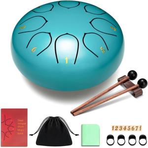 imageCAHAYA Steel Tongue Drum Set 6 Inch 8 Notes Steel Hand Drum with Music Book Drum Mallets Finger Paddles and Carry Bag for Kids Gift Musical Education Meditation Yoga CY0359Lake blue
