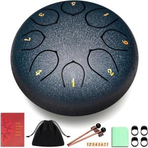 imageCAHAYA Steel Tongue Drum Set 6 Inch 8 Notes Steel Hand Drum with Music Book Drum Mallets Finger Paddles and Carry Bag for Kids Gift Musical Education Meditation Yoga CY0359Navy blue