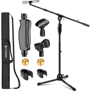 imageCAHAYA Tripod Microphone Stand Boom Arm OneButton Release Floor Mic Stand Portable with Carrying Bag and 2 Mic Clips for Singing Performance Wedding Stage Meeting Live CY0362