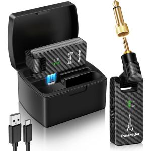 imageCAHAYA Wireless Guitar System with Charging Case 24GHz Audio Transmission System Rechargeable 4 Channels Guitar Transmitter Receiver System For Acoustic Electric Guitar Bass Musical Instruments