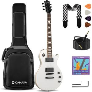 imageCAHAYA Electric Guitar Kit 39 In  Full Size LP Beginner Electric Sett with Solid Okoume Body 2 Humbucker Pickups Maple Neck Gig Bag Strap Cable for Adults Teen BlackWhite