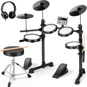 imageCAHAYA Electric Drum Set Beginner  Electronic Drum Set Portable 150 Sounds 15 Kits Drum Kit Basic with 2 Pedals 2 Drumsticks Headphones Throne USBMIDI Compatibility for Adults and Kids
