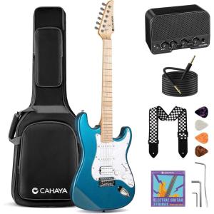 imageCAHAYA Electric Guitar Set Beginner  39in Starter Guitar Kit with HSS Pickup Solid Okoume Body Electric Guitar Adults with Amplifier Gig Bag Strap Picks Strings Cable BlueBlue